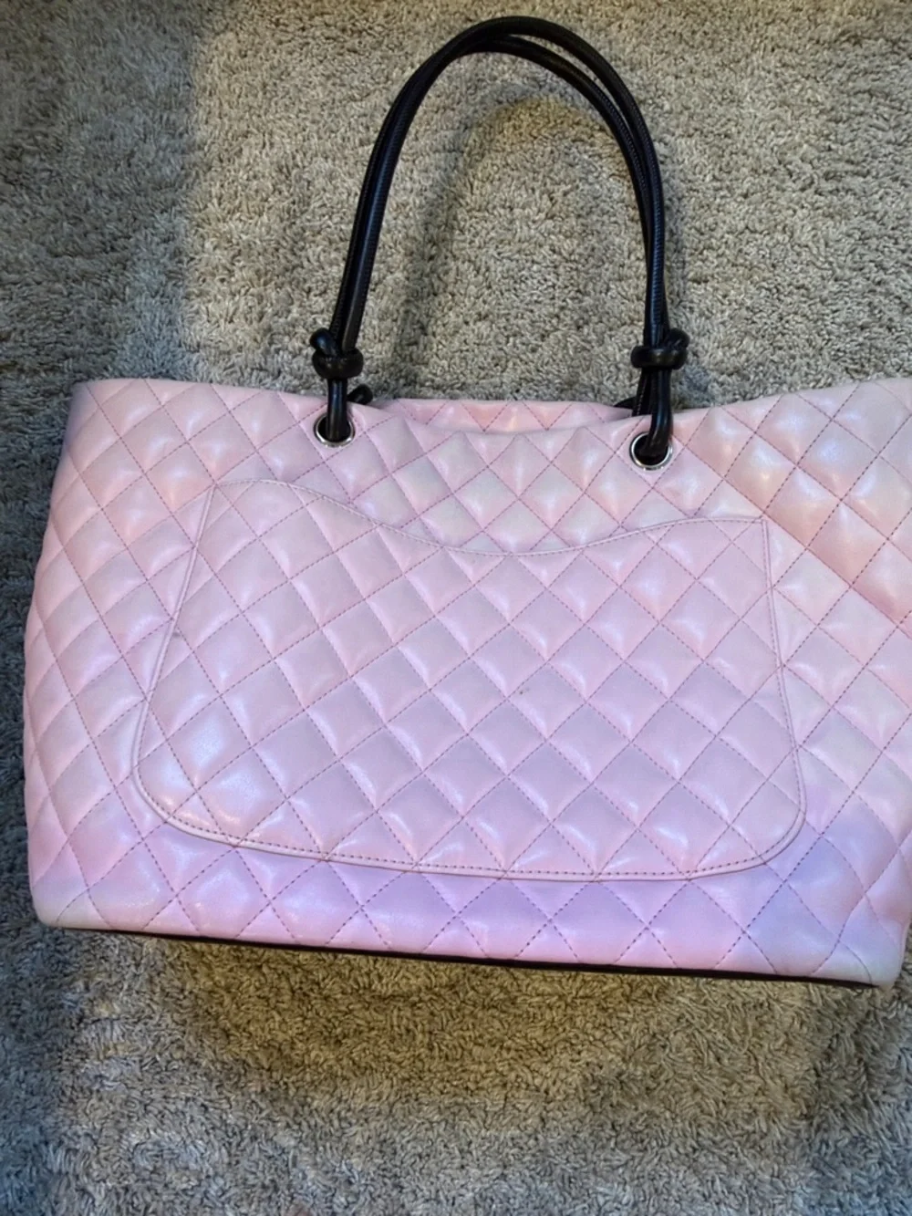 CHANEL Pink Quilted Tote with Black Trim and CC Logo